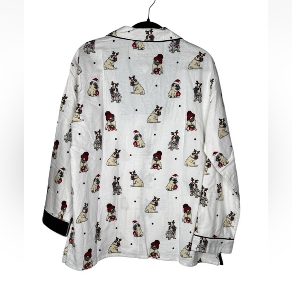 NWT PJ Salvage Pug Pajama Top ONLY Large L Ba Hum Pug White Holiday Flannel - Picture 3 of 6